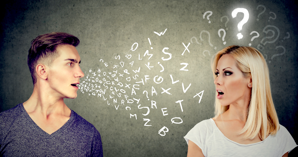 language of voice acting: image of a man speaking to a woman who has a question mark above her head.