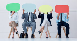 voice types: image of seated people holding speech bubbles