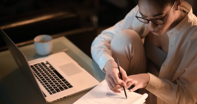 Monologue scripts: image of a scriptwriter writing a monologue script at her desk